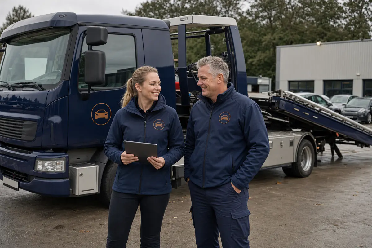 Twee medewerkers van De Autosloop bij de marineblauwe autoambulance