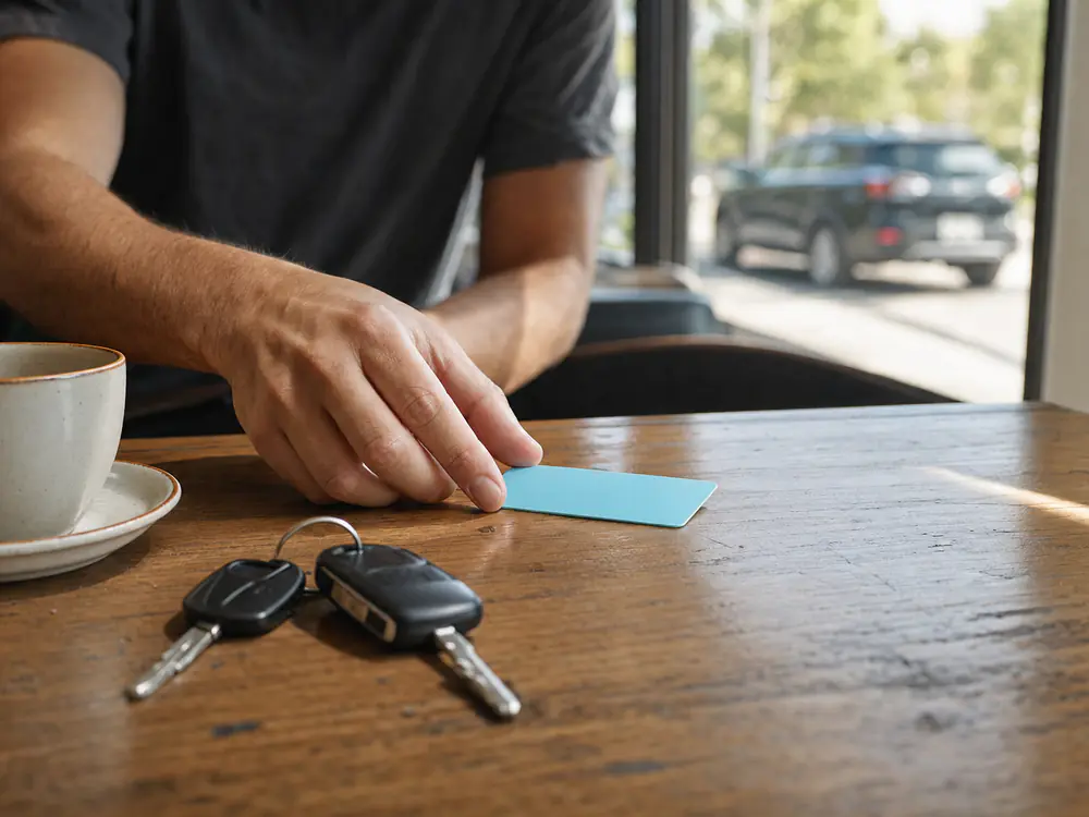 Kentekencard en autosleutels op een keukentafel